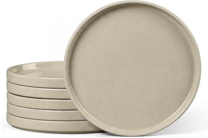 E-far Dinner Plates Set of 6, 10.5 Inch Stoneware Dinner Plate with Raised Edges, Chip & Scratch Resistant | Microwave & Dishwasher Safe Modern Ceramic Dishes for Dessert Salad, Speckled Khaki