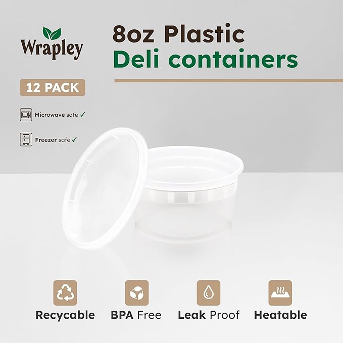 8oz Deli Food Containers with Lids – Set of 12 Reusable Plastic Containers for Leftovers and Kitchen Storage – Airtight and Leakproof – Dishwasher, Freezer, and Microwave Safe – 12 Units, 8oz