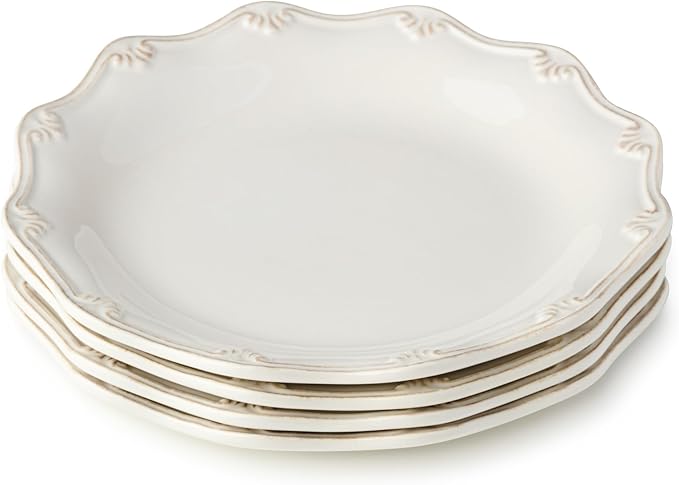 Heritage Scroll 9-Inch Salad Plates, Set of 4 – Elegant Ivory Stoneware with Sculpted Scroll Design & Scalloped Edge – Classic Accent Plates for Dining & Entertaining