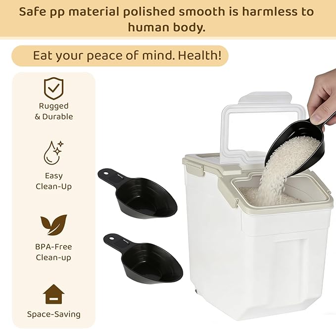 Rice Storage Container 25 lbs Large Household Flour Sugar Containers Airtight Grain Cereal Dispenser with Wheels, Locking Lid & Measuring Cup for Kitchen Pantry Organization, 2 Pack(Grey)