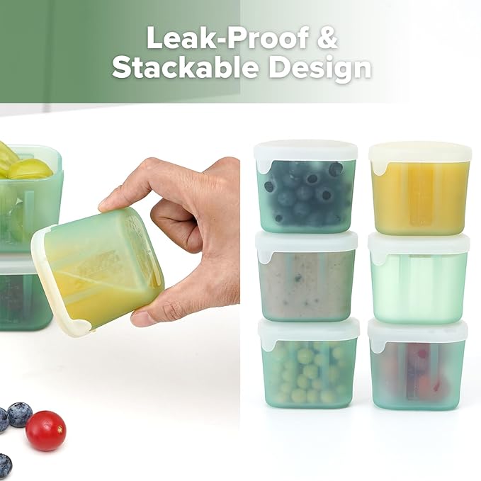 haakaa Mini Meal Silicone Storage Containers,3 oz Silicone Baby Food Containers with Airtight Lids,Reusable Baby Food Jars for Purees, Fruits & Snacks-Microwave & Dishwasher Safe,6 Pack,Pea Green