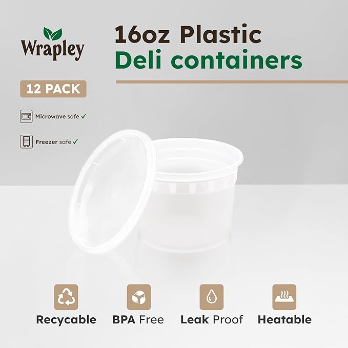 16oz Deli Food Containers with Lids – Set of 12 Reusable Plastic Containers for Leftovers and Kitchen Storage – Airtight and Leakproof – Dishwasher, Freezer, and Microwave Safe – 12 Units, 16oz
