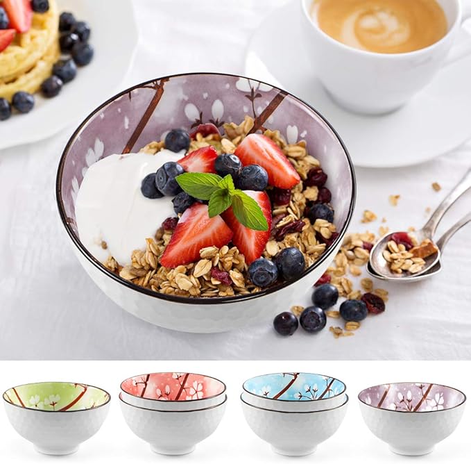 Ceramic Rice Bowls 10 oz, Sakura Bowl Gift Set, Assorted Color Dinnerware Serving Bowls for Rice, Cereal, Noodle, Soup, Desserts, Pack of 6 (Cherry Blossom)