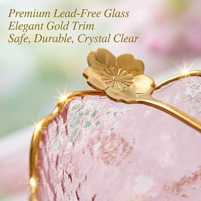 3.3“ Small Sakura Dipping Bowls Set with Gold Spoons，Pink Glass Sauce Dishes with Gold Trim for Soy Sauce, Sushi, Snacks, and Party Appetizers（12 Bowls+12 Spoons）
