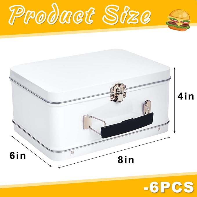 Rtteri 6 Pack DIY Lunch Box Tin Retro Set 8 x 6 x 4 Inches with Hinged Lids DIY Large Box for Storage Blank Design Vintage Metal Lunchbox for Kids Sandwich Containers (White)