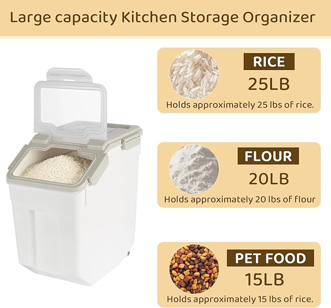 Rice Storage Container 25 lbs Large Household Flour Sugar Containers Airtight Grain Cereal Dispenser with Wheels, Locking Lid & Measuring Cup for Kitchen Pantry Organization, 2 Pack(Grey)