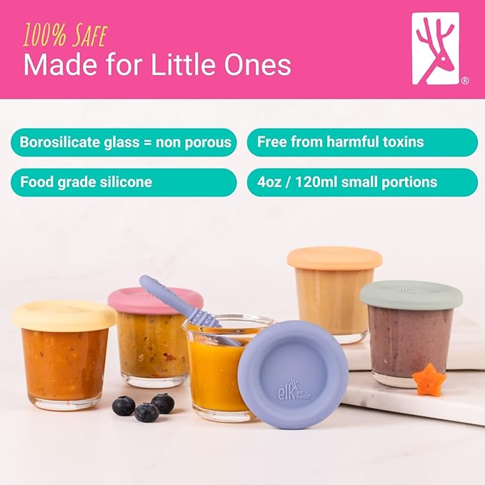 Elk and Friends 4oz Borosilicate Glass Baby Food Storage Jars with Silicone Lid | Strong Glass | Set of 12 | Microwave, Oven & Dishwasher Safe | Infant and Babies