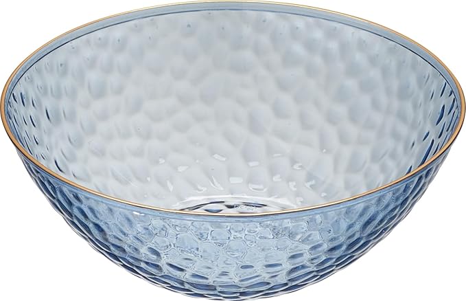 PLASTICPRO 30 Pack 12 Ounce Hammered Plastic Bowls Translucent Blue with Gold Rim Heavyweight Disposable Plastic Soup Bowls Elegant Translucent Hammered Gold Rim Platsic Party Dishes