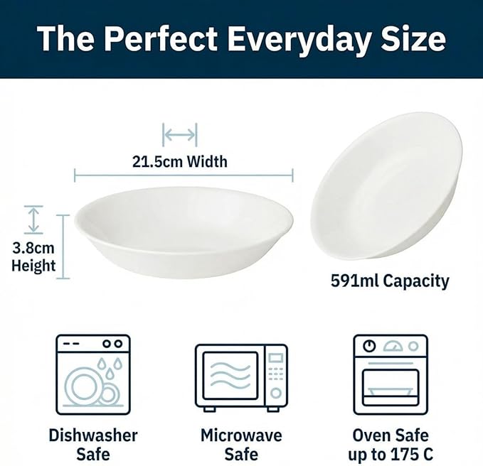 Corelle Vitrelle 6-Piece Bowl Set Triple Layer Glass and Chip Resistant, 20-Oz Lightweight Round Bowls, Winter Frost White