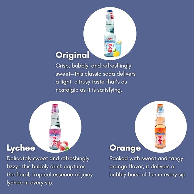 UNHA'S ASIAN SNACK BOX Ramune Japanese Marble Soda Variety Pack - Multiple Flavors - Original, Strawberry, Blueberry, Melon, Lychee, and Orange, Japanese Drink Gift Box (6 Count)