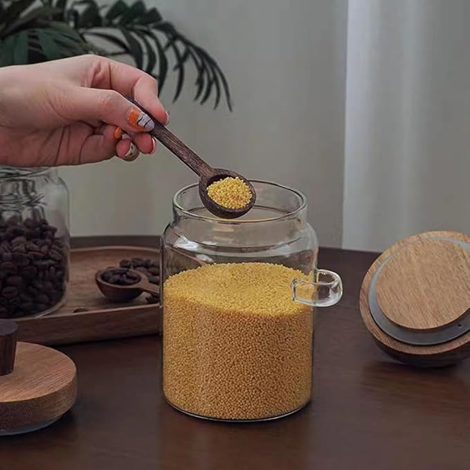 Glass Jars with Wooden Lids and Spoons set of 3,Clear Glass Coffee Containers with Scoop Decorative Kitchen Food Storage Jars for Coffee Beans,Tea,Nut Candy,Sugar,Bath Salts(17OZ/22OZ/27OZ)