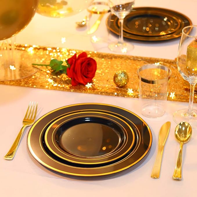 bUCLA 100 Pieces Black and Gold Plastic Dessert Plates - 7.5inch Disposable Salad/Appetizer Plates - Ideal for Party, Graduation & New Year