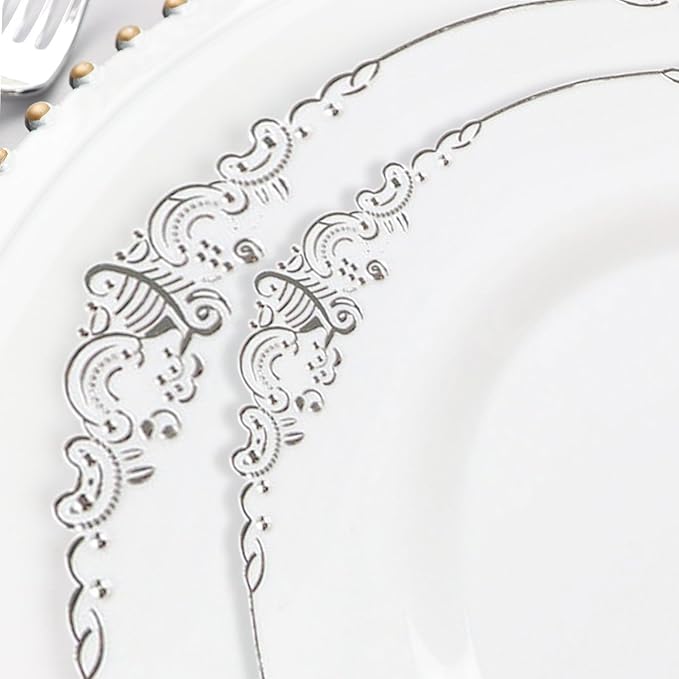 Efavormart 10 Pack | 8" White and Silver Baroque Dessert Plates, Leaf Embossed Metallic Rim Heavy Duty Appetizer Plates for Formal Tea Parties