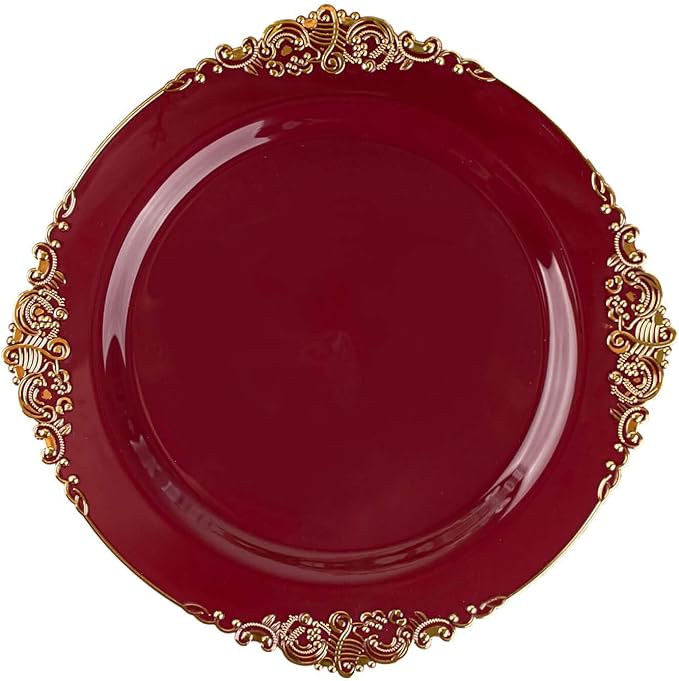 Efavormart 10 Pack | 8" Burgundy and Gold Baroque Dessert Plates, Leaf Embossed Metallic Rim Heavy Duty Appetizer Plates for Fall Harvest Parties