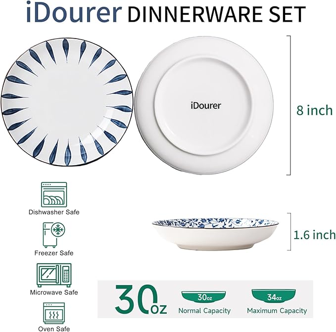 Ceramic Plates and Bowls Set, Japanese Style Dinnerware Set with Gift Box - Blue and White - 4 Rice Bowls and 2 Pasta Bowls - Kitchen Gifts for Women