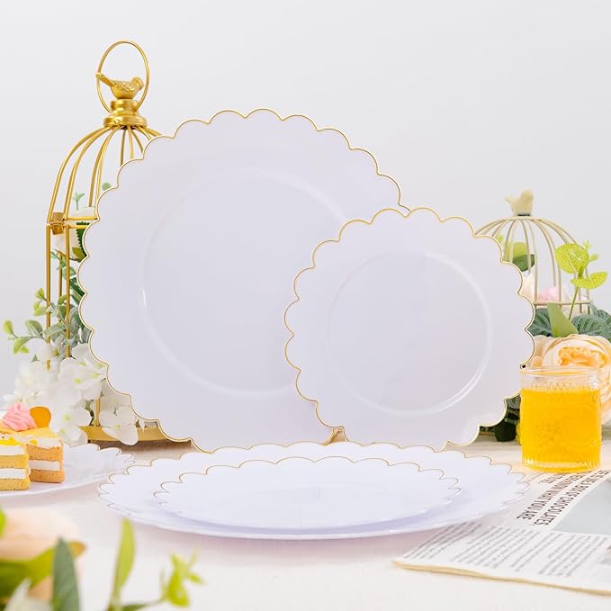 LIYH 120 Pcs White Plastic Scalloped Plates - Gold Fancy Disposable Plastic Plates Includes 60 Dinner 10.25" & 60 Dessert Plate 7.5" Elegant Gold Rim for Party Birthday Day