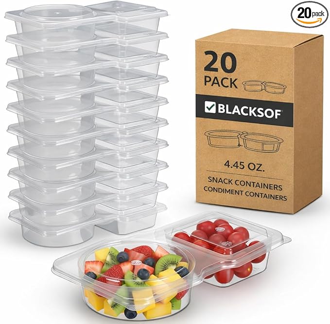Reusable Snack Containers with Lids 20 Pack, 2 Compartment Leakproof Snackle Box Container, Portion Control Lunch Box Food Containers for Travel
