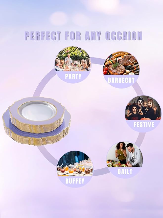 WDF 60pcs Clear Purple Plates Disposable with Gold Rim - Baroque Lavender Purple Plastic Plates for Party/Wedding/Spring/Picnic