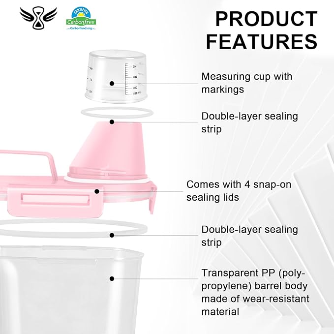 LEAWALK Airtight Rice Storage Container, 3.28Qt Cereal Dry Food Flour and Sugar Bin, Dog Cat Food Dispenser with Measuring Cup, BPA Free Clear Plastic Kitchen and Pantry Organization Bin-Pink 2Pack