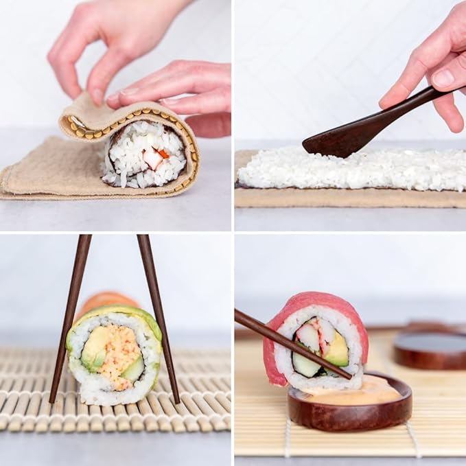 No Plastic Premium Sushi Making Kit for Home, for Beginners or Pro Sushi makers. Made of Premium Wood, includes Tea Cloth, Planet-Friendly, Gift and DIY Home Sushi Kit Experience, Circle Fuji box