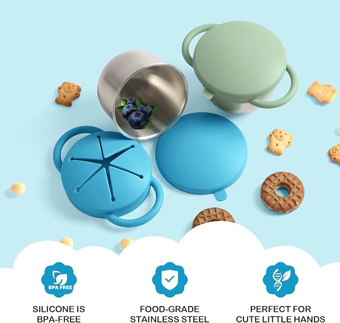 Daximo 2 Pack Snack Cups for Toddlers Spill Proof - Detachable Stainless Steel Toddler Snack Cups with Silicone Lids & Handles - Dishwasher Safe Baby Snack Containers (Niagara Blue and Sage Green)