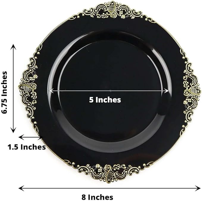 Efavormart 10 Pack | 8" Black and Gold Baroque Dessert Plates, Leaf Embossed Metallic Rim Heavy Duty Appetizer Plates for Modern Moody Socials