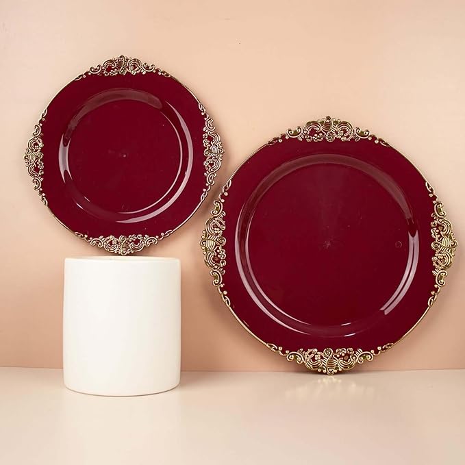 Efavormart 10 Pack | 10" Burgundy and Gold Baroque Dinner Plates, Leaf Embossed Metallic Rim Heavy Duty Serving Plates for Autumn Banquets