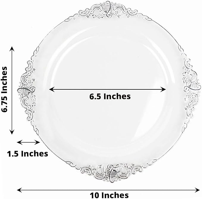 Efavormart 10 Pack | 10" Clear and Silver Baroque Dinner Plates, Leaf Embossed Metallic Rim Shatterproof Serving Plates for Anniversary Celebrations
