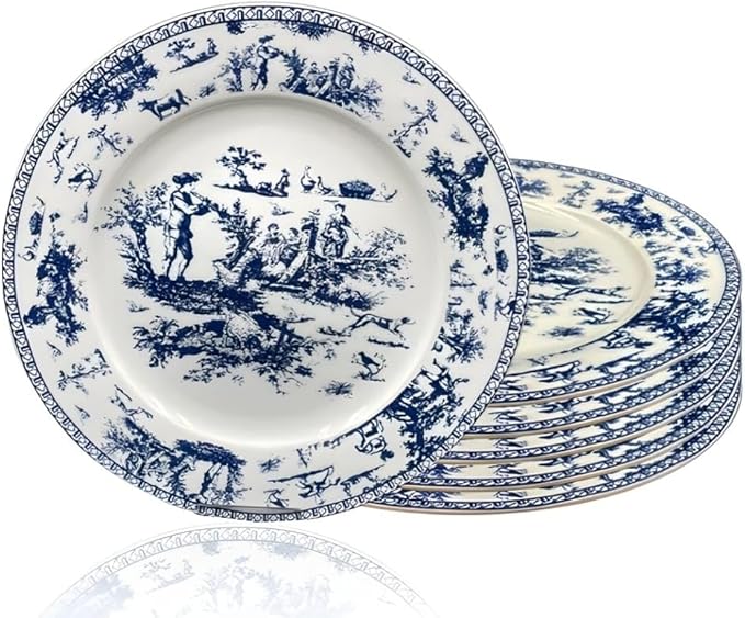 W&S CLASSICS Classic French Luxury Round Dinner Plates | 10.5 Inches Colorful Ceramic Flat Plates – Set of 6| Large Serving Plates for Party | Dishes for Appetizer, Salad, Desert, Steak (Blue)