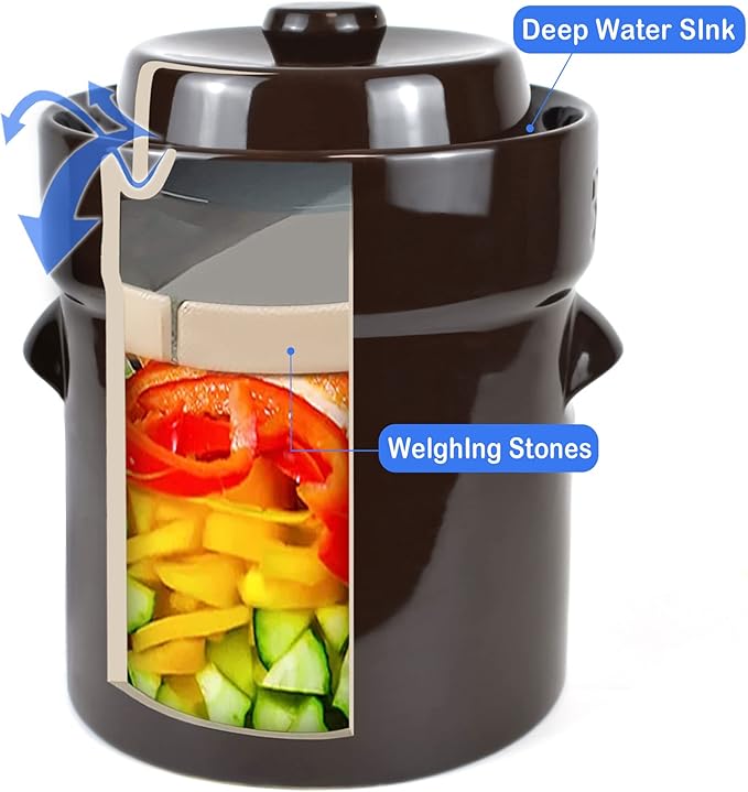 Fermentation Crock Jar 5 Liter / 1.3 Gallon - Stoneware Pot for Fermenting, Pickling Kimchi, Pickles, Vegetables, Kombucha - Glazed Fermenter with Stone Weights, Lid & Pickle Tamper