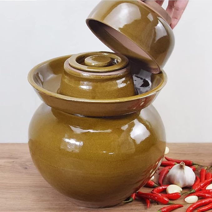 Traditional Thickened Ceramics Fermenting Jar,Yellow Porcelain Pickling Jar, Kimchi Pot with Lid Ceramic Food Storage,Water Seal Fermenting Pickling Kimchi Crock -One Color||2.5KG