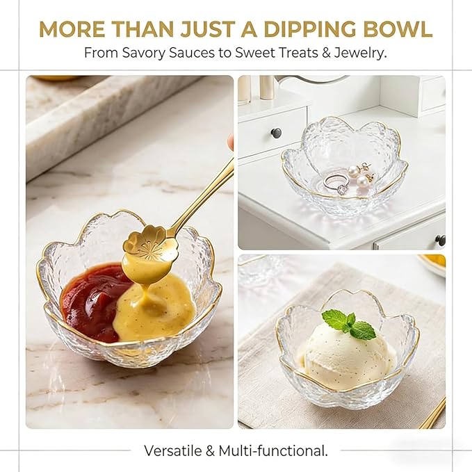 3.3” Small Sakura Dipping Bowls Set with Gold Spoons，Clear Glass Sauce Dishes with Gold Trim for Soy Sauce, Sushi, Snacks, and Party Appetizers （2 Bowls+2 Spoons）