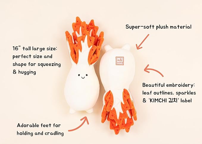 Korean Kimchi Plush (16 in) Official Original Design | Soft Squishy Cute Plushie Toy, Stuffed Plush Doll, Food Toy Gifts for Kids Adults, Asian Plushie, Kdrama Kpop Korean Love