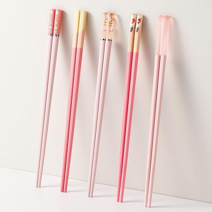 Chopsticks Reusable Dishwasher Safe, 9.57 inches Pink Non-slip Lightweight Fiberglass Chop Sticks, Asian Cuisine Japanese Chinese Chopstick Gift Set, 5 Pairs