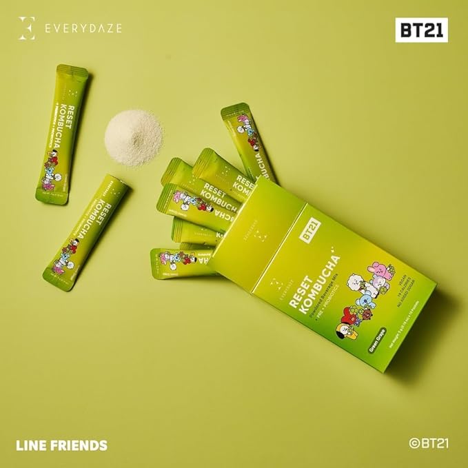 Everydaze BT21 Reset Kombucha Tea Powdered Beverage Mix | 10 Sticks | Prebiotics + Probiotics | Vegan | No Added Sugar, Gluten Free, Sparkling Powder Drink Pack (Green Grape)