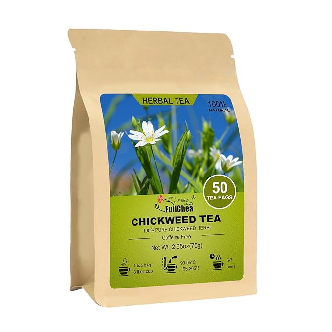 FullChea - Chickweed Tea, 50 Teabags - Premium Natural Chickweed Herb - Non-GMO - Caffeine-Free Herbal Tea - Soothe Skin & Support Respiratory Comfort