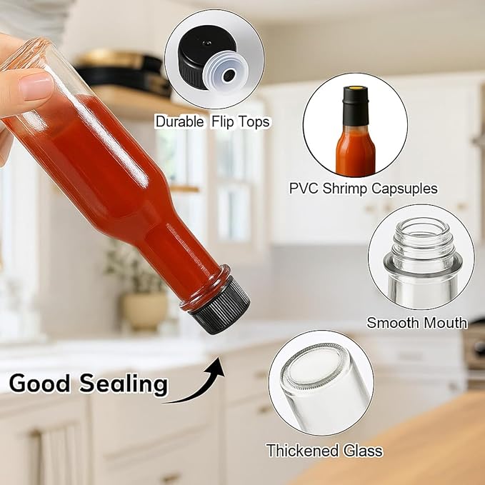 WERTIOO Hot Sauce Bottles 21-Pack 5oz Round Small Glass Bottles with Caps & Funnel - Reusable Mini Sauce Containers for Chili Oil, Vinegar, Gift Favors - Leakproof & Label-Ready