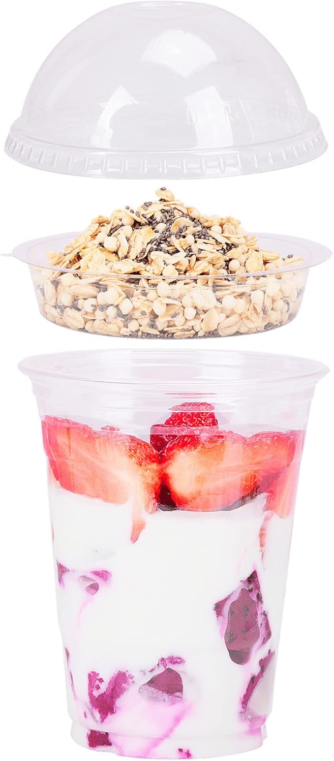 Aatriet 16 oz Clear Plastic Parfait Cups with Insert 4oz & Dome Lids No Hole - (50 Sets) Yogurt Fruit Parfait Cups for Dips and Veggies, Take Away Breakfast and Snacks. No Leaking