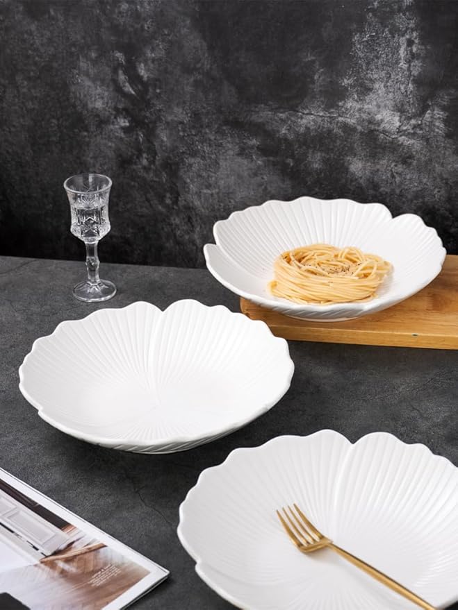 Jusalpha Set of 3-Japanese Style Flower Petal Shaped Porcelain Dinner Plates, Versatile Circular Serving Plates for Breakfast, Salad, Steak Dinner, PL019 (10 Inches, White)