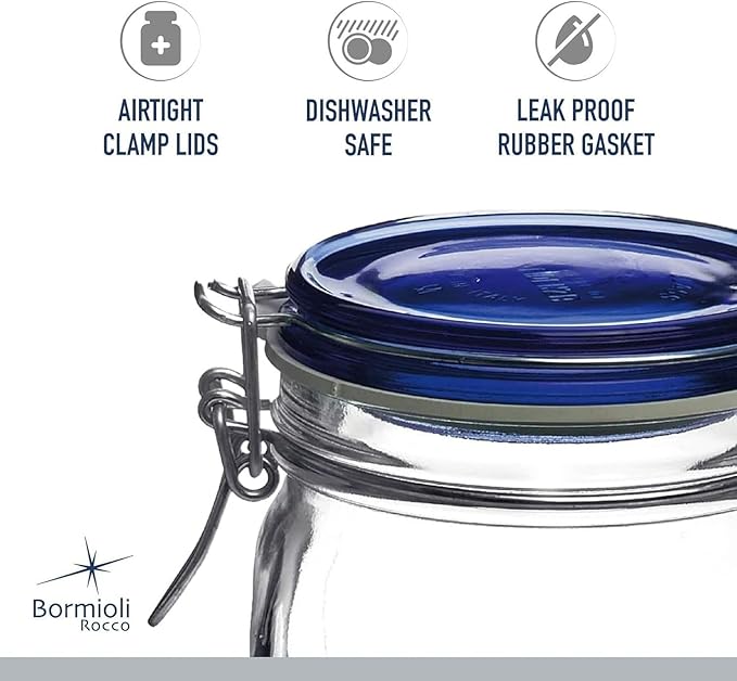 Bormioli Rocco Fido Square Jar with Blue Lid, 67.5-Ounce, 149550MRF121990