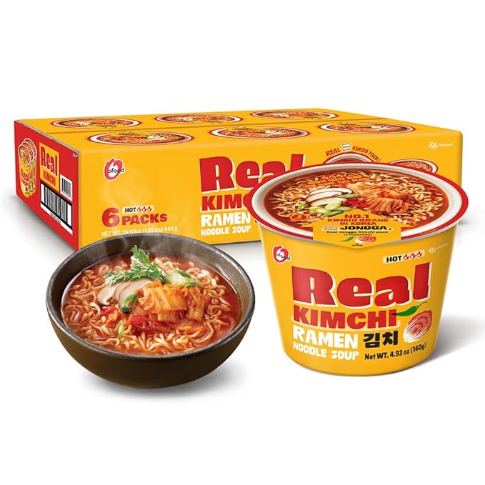 Instant Ramen Cup Noodles [ORIGINAL Kimchi | 6 CUPS/Pack] – Healthy, Bold & Tangy | Korean Spicy Noodle Soup with Real Fermented Kimchi | 0 Trans Fat | Easy to Cook Meal or Snack - O’food