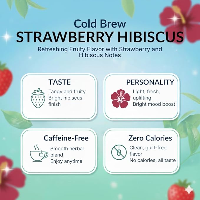 Damtuh Strawberry Hibiscus Cold Brew Tea Bags – Refreshing Fruit Herbal Tea with Real Hibiscus Flowers & Strawberry Flavor – Caffeine-Free Iced Tea for Summer Hydration (1.5g x 20 Count)