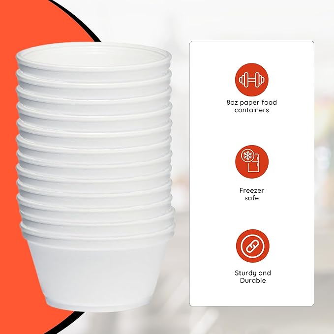 Case of 50 White 8 oz Squat Foam Food Containers – Insulated Disposable Side-Dish & Soup Cups for Restaurants, Catering, Meal Prep