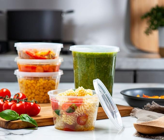 ELEGANT DISPOSABLES Combo Set 8, 8oz - 8, 16oz - 8, 32oz Plastic Deli Food Storage Containers with Airtight Flexible Lids Microwavable, Leak Free, Washable, Freezer Safe.