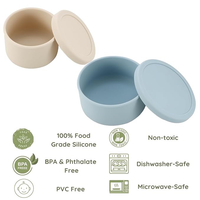 PandaEar 2 Pack Silicone Baby Food Containers, Reusable Toddler Snack Cups with Lids for Baby Food, BPA Free（Blue/Flesh）