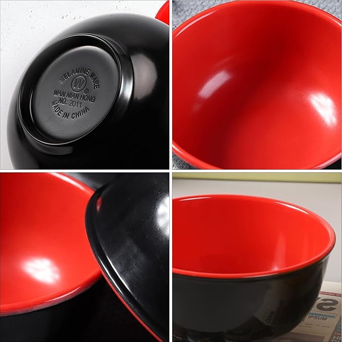 20 Pack Miso Soup Bowls with Spoons, 16 Oz Japanese Melamine Noodle Bowl Unbreakable Miso Soup Cereal Bowls or Ramen, Udon, Soba, Pho (Black/Red)