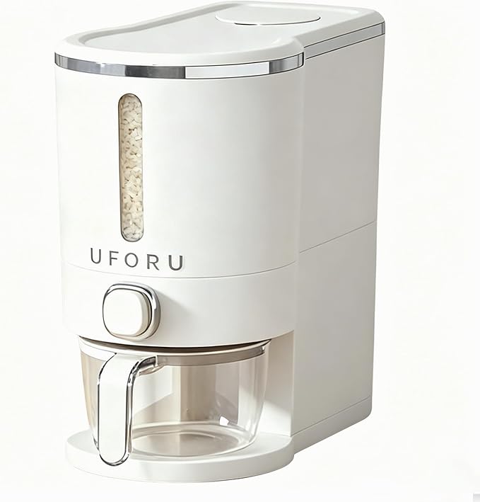 UFORU Rice Dispenser, Rice Storage Container with Measuring Cup for Kitchen Pantry Household, Dry Food Storage Containers Airtight, Sealed Moisture Proof (White 11Lbs)
