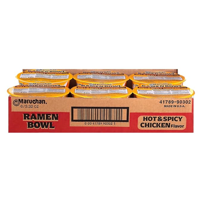 Maruchan Ramen Bowl, Hot & Spicy Chicken Flavor – Japanese-Style Instant Noodle Soup, Microwaveable Easy Meal for Busy Families – 3.39 Oz. (6 Pack)