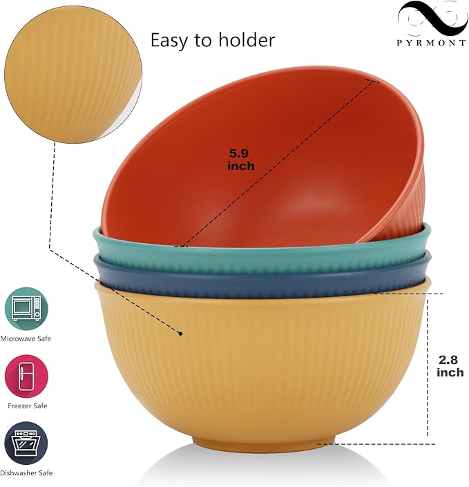 PYRMONT Unbreakable Cereal Bowl 26 OZ Alternative Plastic Bowls Reusable Wheat Straw Bowls Set of 8 Dishwasher & Microwave Safe Rice Bowls for Kitchen,RV,Travel Dish Sets for Food,Fruit-Colorful