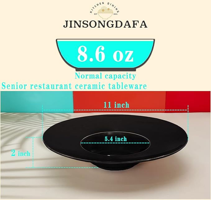 Ceramics Rimmed Soup Bowls 8.6 oz, Black 11 inch Exquisite small soup plate Set of 4, Pasta plates With Rim is the best choice for hotels, kitchens, fine restaurants and gourmets